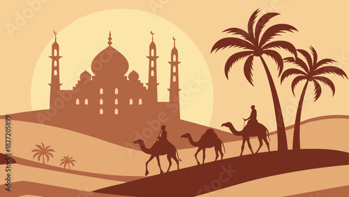 Camels and mosque silhouette in desert landscape