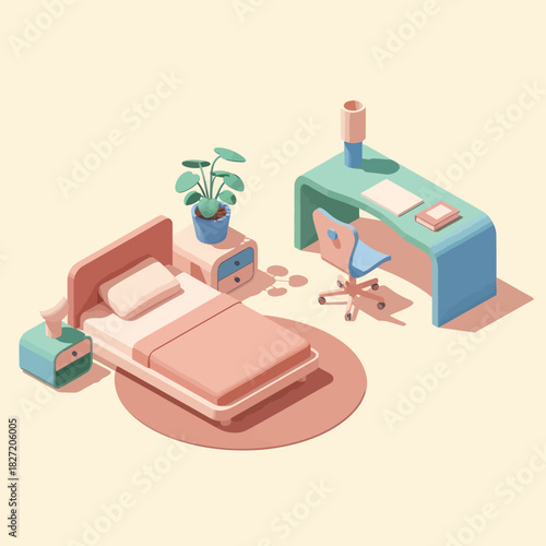 Bedroom interior design with bed desk and nightstand illustration.