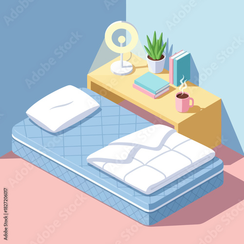 Cozy Bedroom Setup with Mattress and Nightstand.