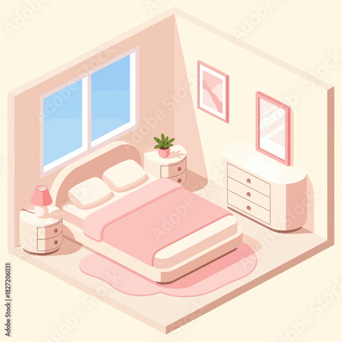 Isometric View of a Cozy Pink Bedroom Interior.