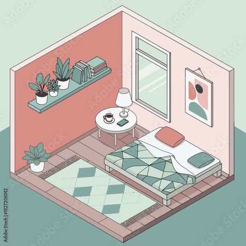 Isometric Room Interior with Bed, Table, and Shelf.