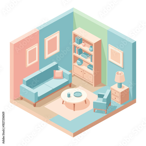 Cozy Pastel Colored Living Room Isometric Illustration.