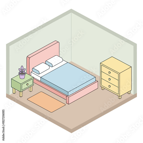 Isometric Bedroom Illustration with Bed, Nightstand, and Dresser.