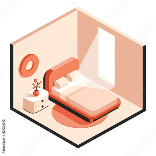 Modern isometric bedroom interior design illustration with furniture.