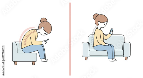 Illustration comparing correct and incorrect posture for a woman using a smartphone while sitting on a sofa.