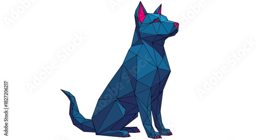 A sitting blue dog rendered in a modern low-poly geometric style on a white background.