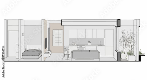 Architectural cross-section rendering of a modern, open-plan studio apartment interior.