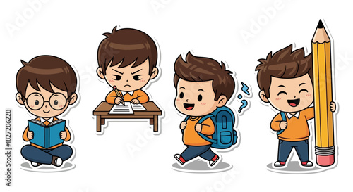 A collection of four cute cartoon student boys in various school activities like reading, studying, and walking.
