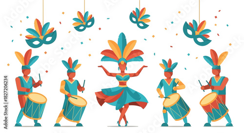 Vibrant carnival parade illustration with a female samba dancer and male drummers in colorful costumes.