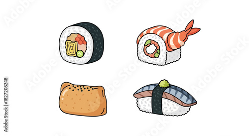 Illustrated set of four classic Japanese sushi types including maki, nigiri, and inari on a white background.