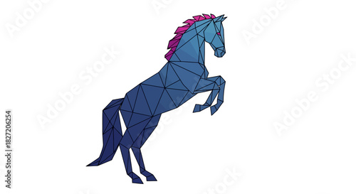 A stylized geometric horse with a blue body and pink mane rearing up on its hind legs against a white background.