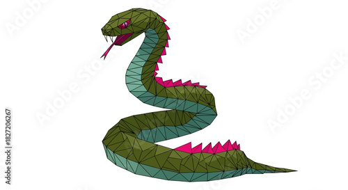A green and pink polygonal snake in a striking pose, rendered in a low-poly geometric style against a white background.