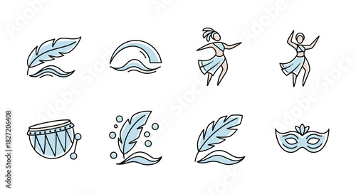 A collection of eight light blue icons representing a Brazilian carnival celebration with dancers, feathers, a drum, and a mask.