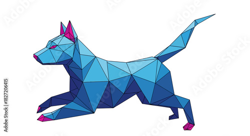 A stylized dog in a dynamic running pose, rendered in a blue and magenta low-poly geometric style on a white background.