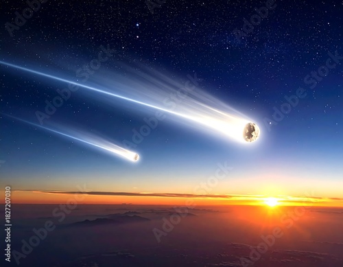 A celestial spectacle showcases two brilliant comets streaking across the night sky, their tails illuminated against a sunrise