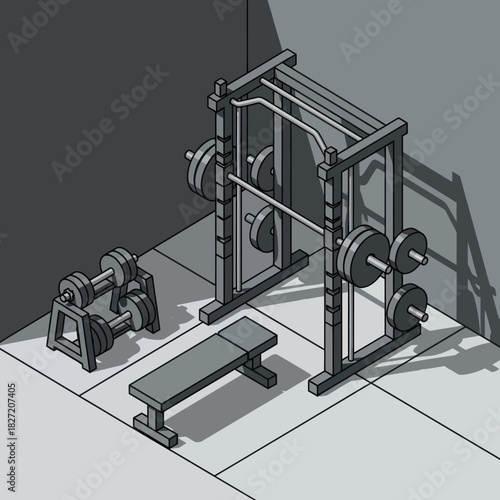 Isometric illustration of a gym corner with a Smith machine and weights.