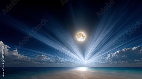 A full moon ascends over a tranquil ocean, casting dramatic light rays through clouds against a dark blue night sky. The scene evokes a sense of wonder and sere