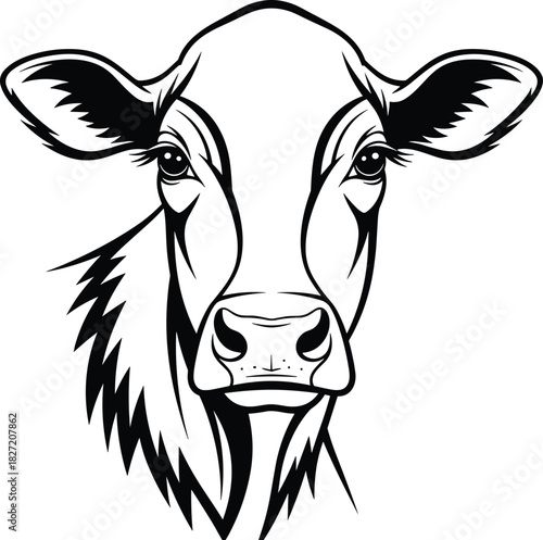 Detailed Cow Head Black and White Vector Illustration, Farm Animal Portrait, Bovine Dairy Cattle Graphic, Monochrome Stencil, Line Art Drawing, Livestock Mascot Logo.