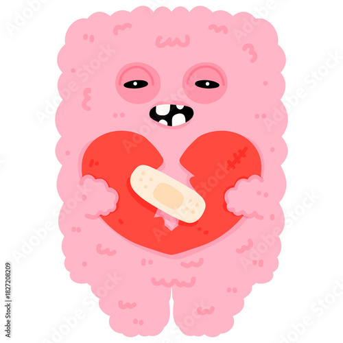 Cute Pink Fuzzy Cartoon Monster Character Holding a Bandaged Broken Heart Graphic