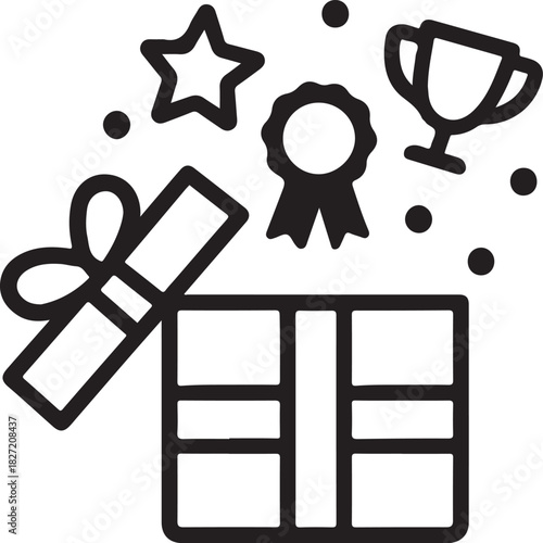 Open gift box revealing a shining star, prestigious trophy, celebratory medal, and wrapped scroll, symbolizing success, reward, and surprise celebration. isolated on white background, Vector