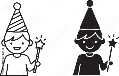 Smiling young boy in a striped party hat holding a sparkling star-tipped magic wand, ready for birthday celebrations, holidays, and festive events isolated on white background, Vector
