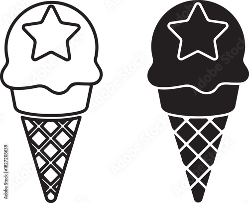 Outline and solid black ice cream cones featuring a prominent star design, a refreshing vector icon for summer treats, menus, and celebrations isolated on white background, Vector