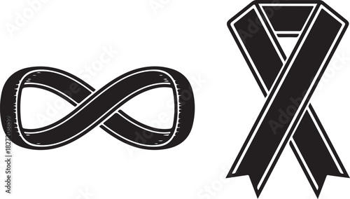 Black infinity symbol and awareness ribbon graphic illustration representing endless support, memory, eternity, and important causes isolated on white background, Vector