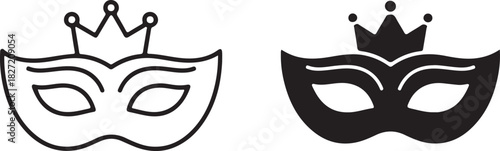 Carnival masquerade mask with royal crown icon set, elegant party costume accessory, outline and silhouette versions for festive events isolated on white background, Vector