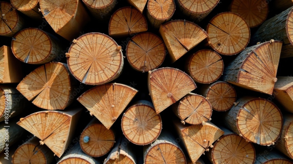 Fototapeta premium A Stack of Cut Logs, Showing the Beautiful Rings of the Wood, a Natural Texture, Ready for Use in Construction or as Fuel