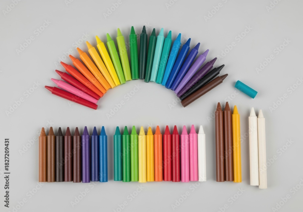 Obraz premium Assorted crayons arranged in rows and a semi-circle, displaying a variety of colors on a neutral background.