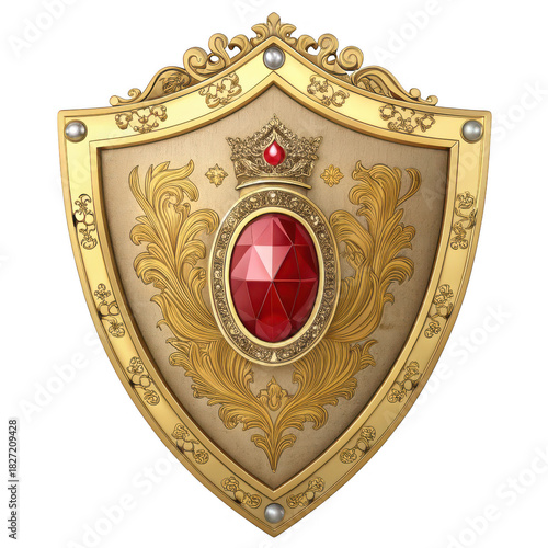 Ornate golden shield with large red ruby gemstone and royal crown emblem isolated on transparent background