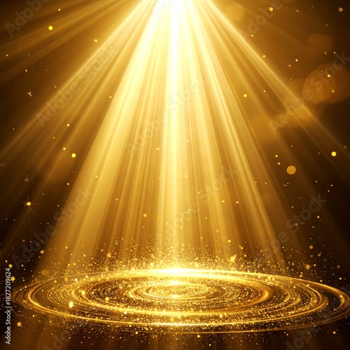 Golden light rays shining down on a swirling, luminous stage