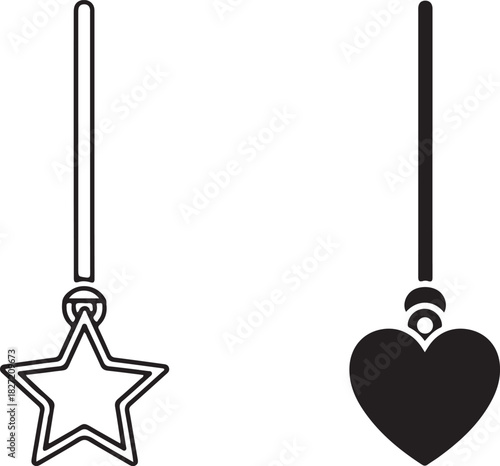 Minimalist vector illustration of hanging star outline and solid heart symbols, ideal for decorative design elements and abstract concepts. isolated on white background, Vector