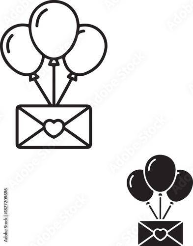 Love message delivery concept: heart-decorated envelope uplifted by three festive balloons, outline and glyph icons. isolated on white background, Vector