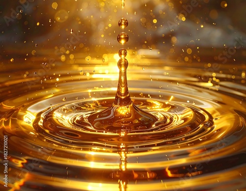 Golden liquid splash with concentric ripples and suspended drops
