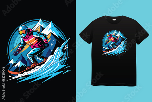 Dynamic black and white t shirt design featuring a snowboarder mid air against a mountain and forest landscape