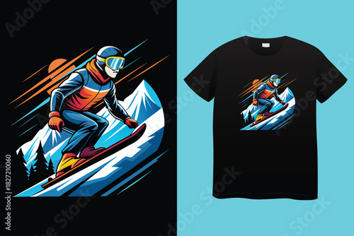 Dynamic black and white t shirt design featuring a snowboarder mid air against a mountain and forest landscape