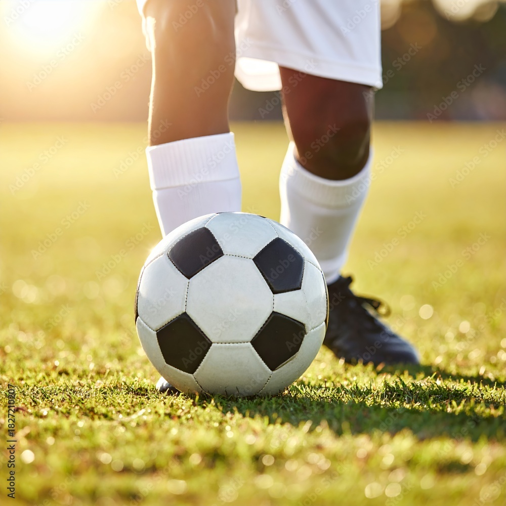 Fototapeta premium Soccer players legs and a soccer ball on a green grass field during a sunny day, ready for a game or practice.