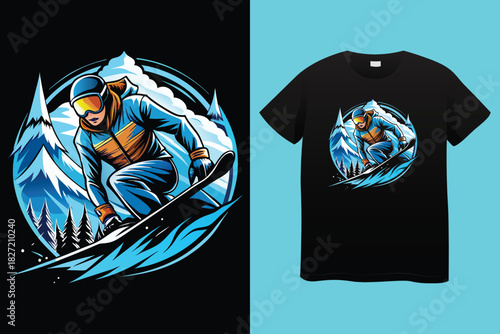 Dynamic black and white t shirt design featuring a snowboarder mid air against a mountain and forest landscape