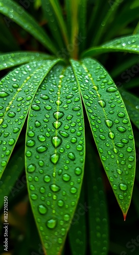 Close up of green leaves covered in water droplets after rain nature fresh
