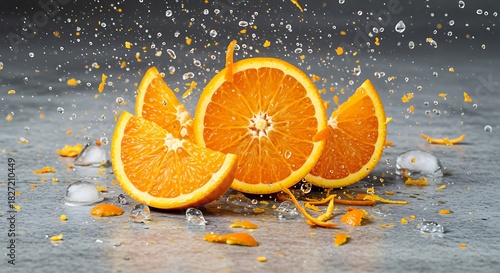 Sliced oranges with water splashes and ice cubes on a textured surface citrus fruit