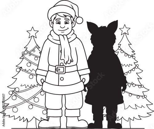 Christmas celebration with Santa and unknown creature outline illustration black and white