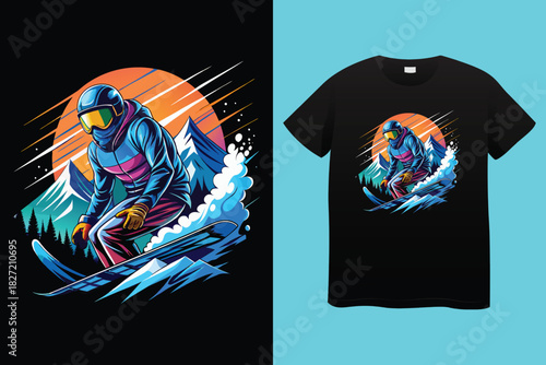 Dynamic black and white t shirt design featuring a snowboarder mid air against a mountain and forest landscape