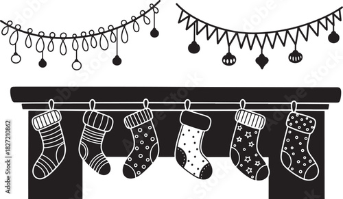 Festive Christmas Mantel Decoration with Stockings and Garland black silhouette