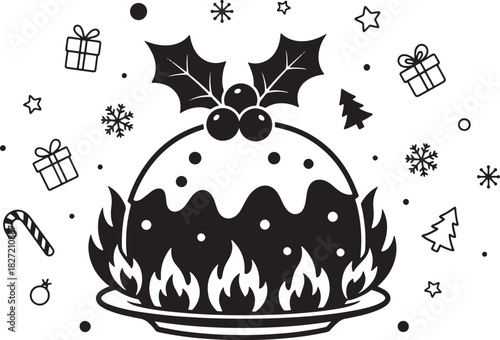Festive Christmas Pudding Illustration with Holly and Gift Boxes Design