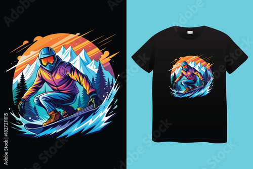 Dynamic black and white t shirt design featuring a snowboarder mid air against a mountain and forest landscape