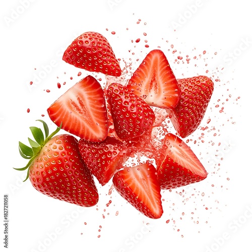 Fresh red strawberries and slices splashing in juice strawberry fruit