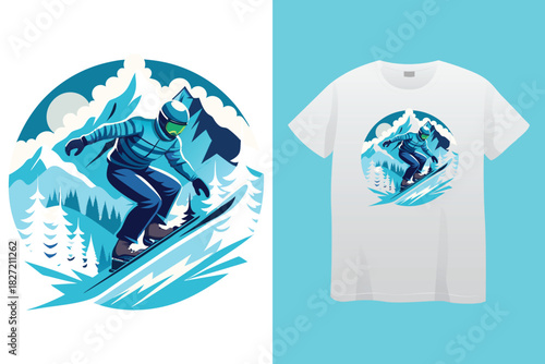 Snowboarder in Action T Shirt Design with Frosted Horizons and Mountain Landscape Vector Illustration Isolated on White Background Adventure and Conquer the Peaks 