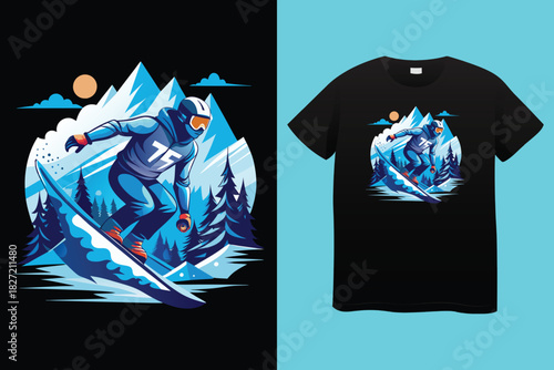 Snowboarder in Action T Shirt Design with Frosted Horizons and Mountain Landscape Vector Illustration Isolated on White Background Adventure and Conquer the Peaks 