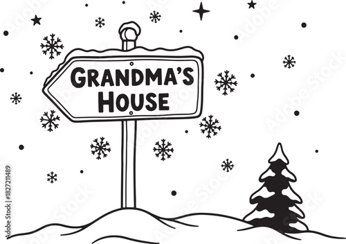 Winter scene illustration with sign pointing towards Grandmas house vector